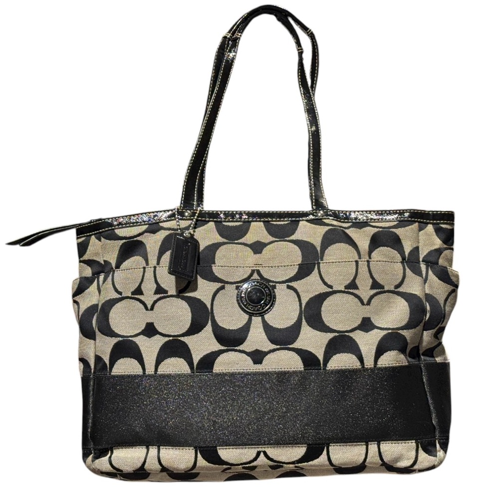 COACH F19202 Signature Stripe Lurex Large Diaper Baby Tote Bag Purse Black Trim